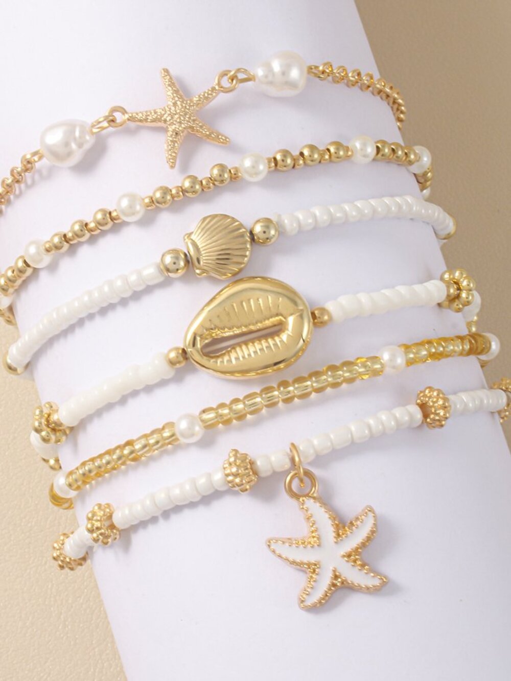 Gold Starfish Shell Pearl Multi Layer Anklet Set Boho Beach Vacation Coastal - Picture 7 of 8